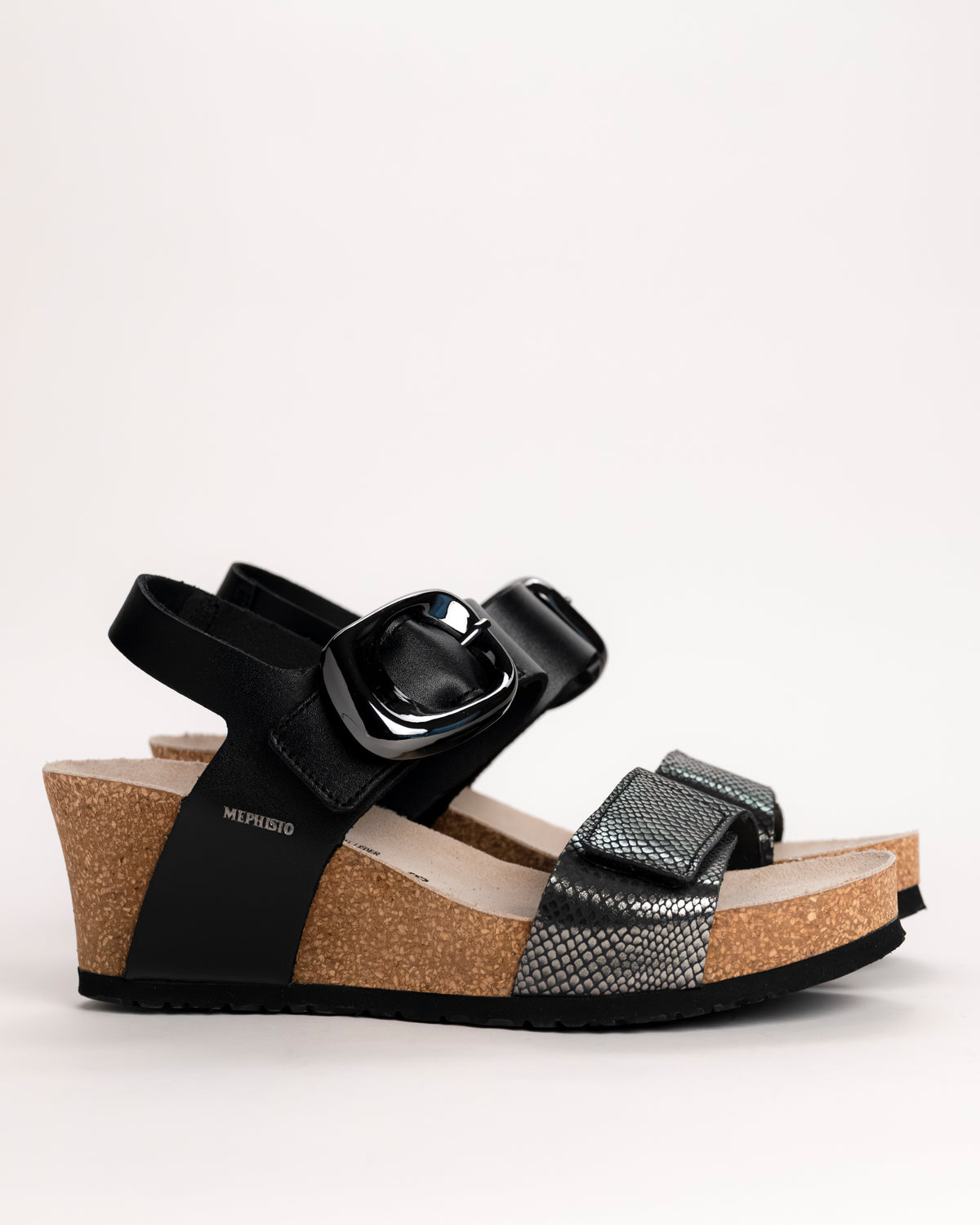 Women’s Mephisto Leandre platform wedge sandal in Black/Gray Havana leather, side view on white background