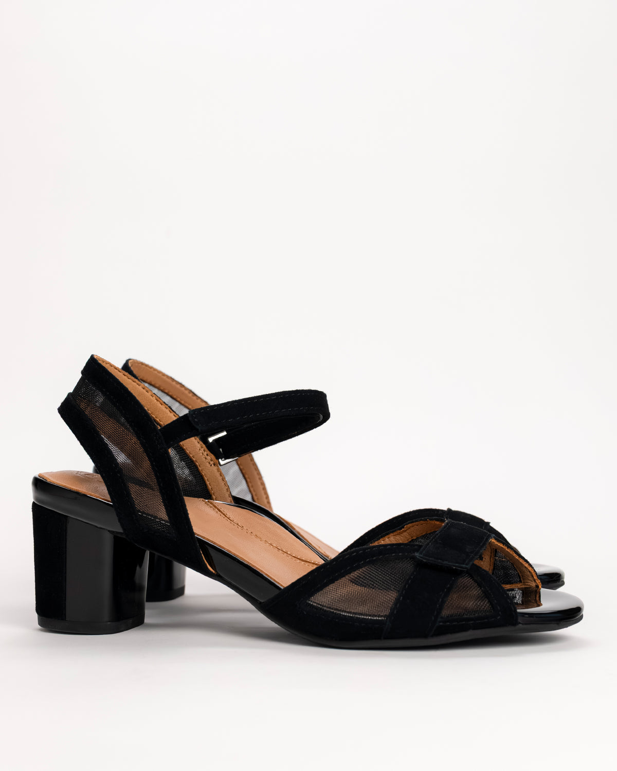 L’Amour Des Pieds Mahiya ankle strap dress sandal in suede and mesh, side view on white background