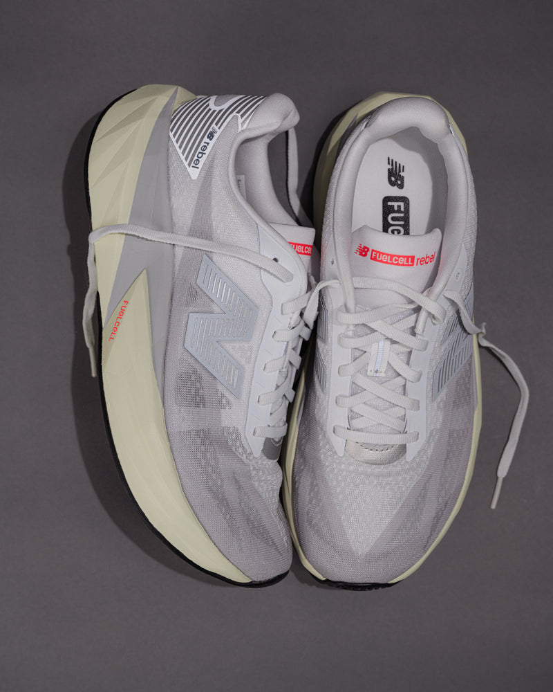 Men’s New Balance FuelCell Rebel v5 in Raincloud with Mineral and White – Lightweight Neutral Trainer overhead shot