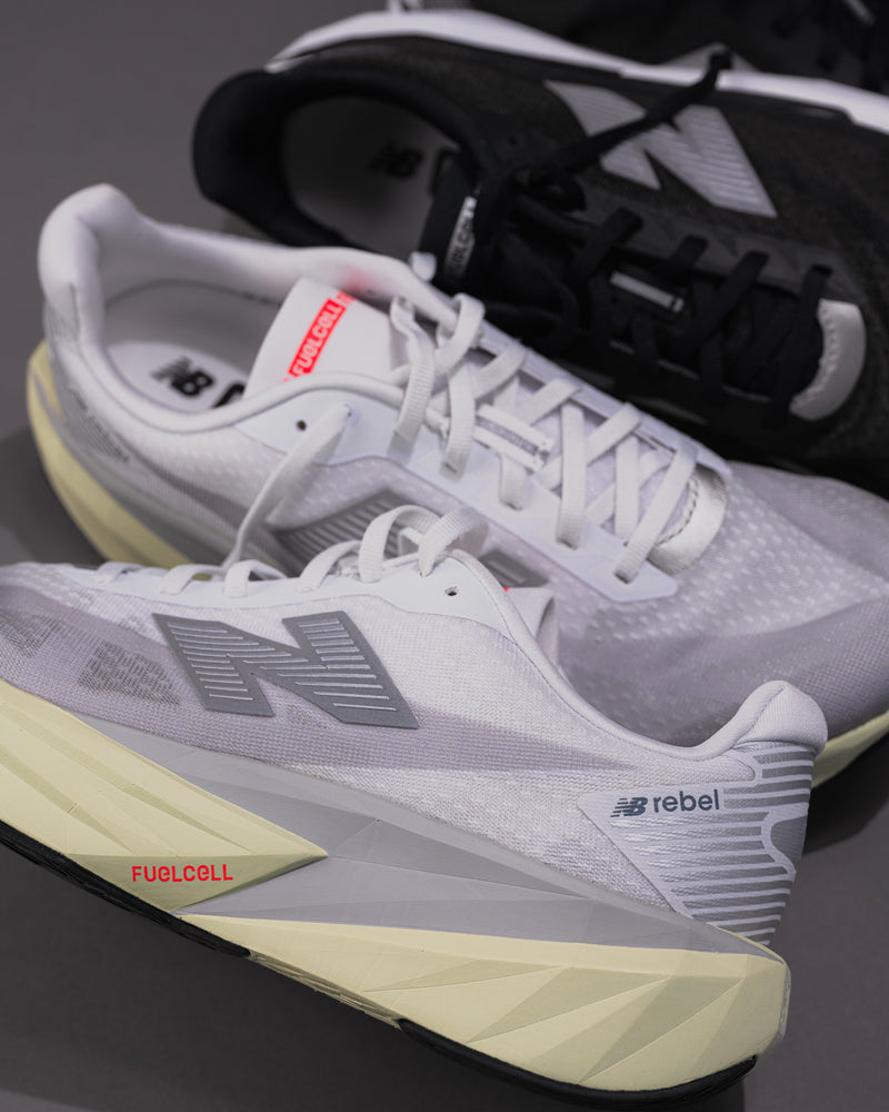 Men’s New Balance FuelCell Rebel v5 in Raincloud with Mineral and White – Lightweight Neutral Trainer side close up