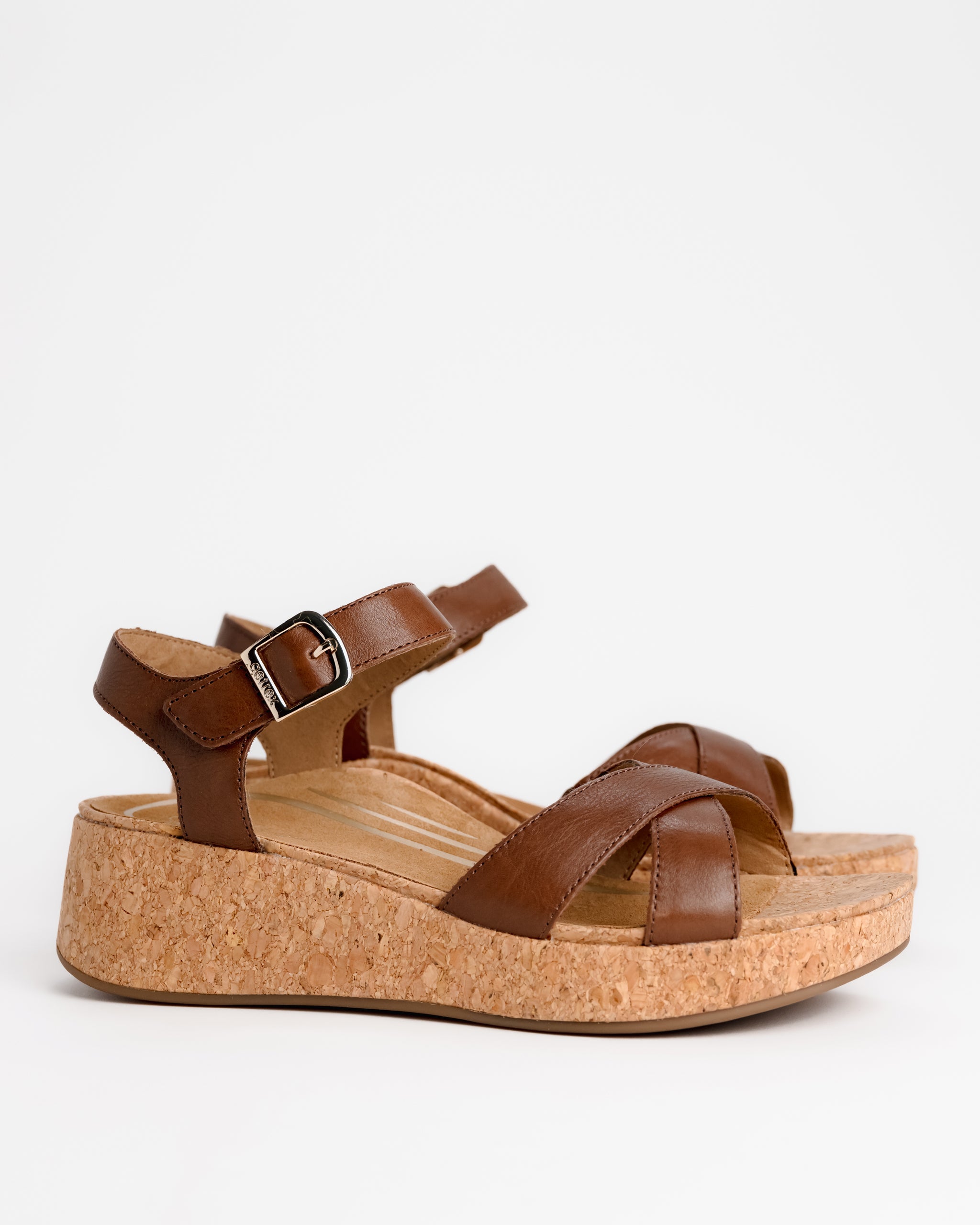 Andree  Aetrex Flora Wedge Sandal | Women's Brown Leather Cross-Band
