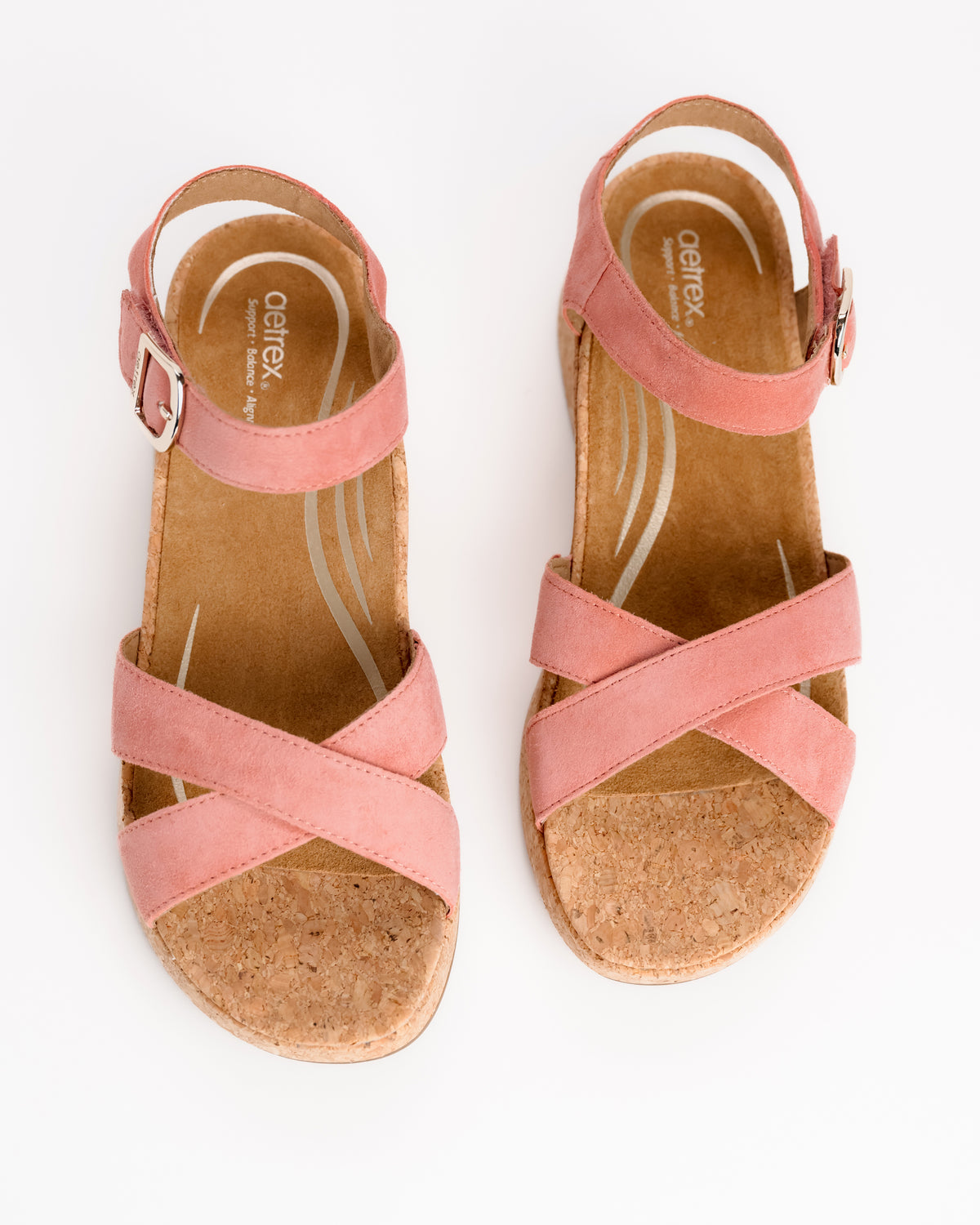 Women's Aetrex Flora Wedge Sandal – Anatomical Cork-Wrap Comfort Platform in Antique Rose Suede