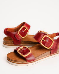 Red leather Taos On The Double sandals with cork sole on a white background