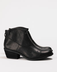 Profile of the Sofft Aisley bootie in Black Italian leather showing curved ankle shape and stacked heel.