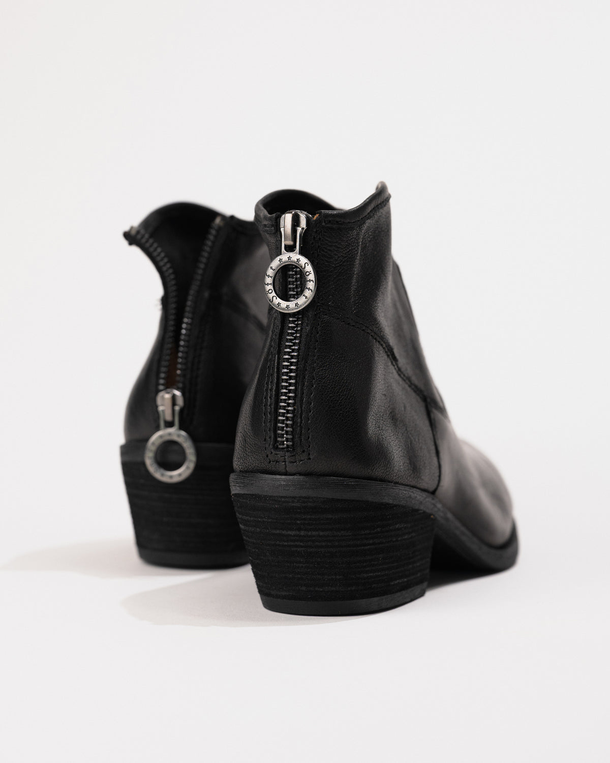 Close-up of back zipper with ring pull for signature western-inspired detail.