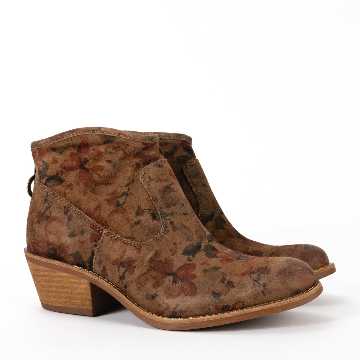 Front view of the Sofft Aisley western-inspired bootie in Brown Floral, showcasing soft Italian leather and a curved silhouette for stylish appeal.