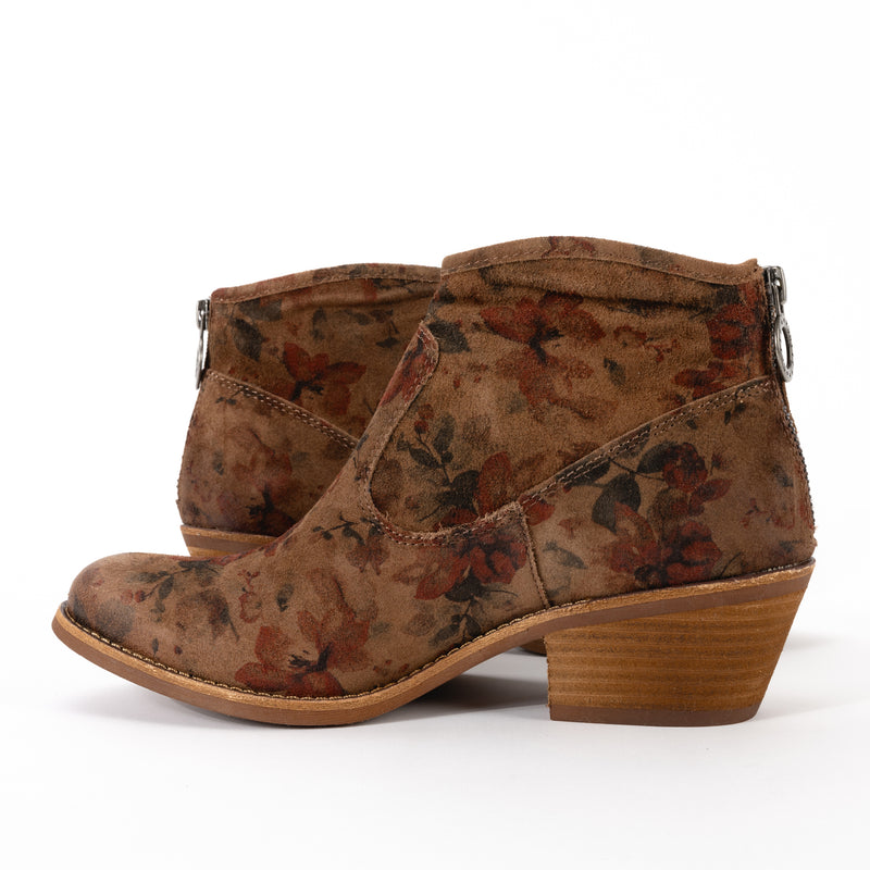 Instep view of the Sofft Aisley bootie, showing the smooth Italian leather upper shown in Brown Floral with microfiber lining for enhanced comfort.