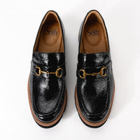 Top view of Sofft Prewitt loafer in black patent leather, showcasing the classic horsebit detail and cushioned, leather-lined footbed with arch support.