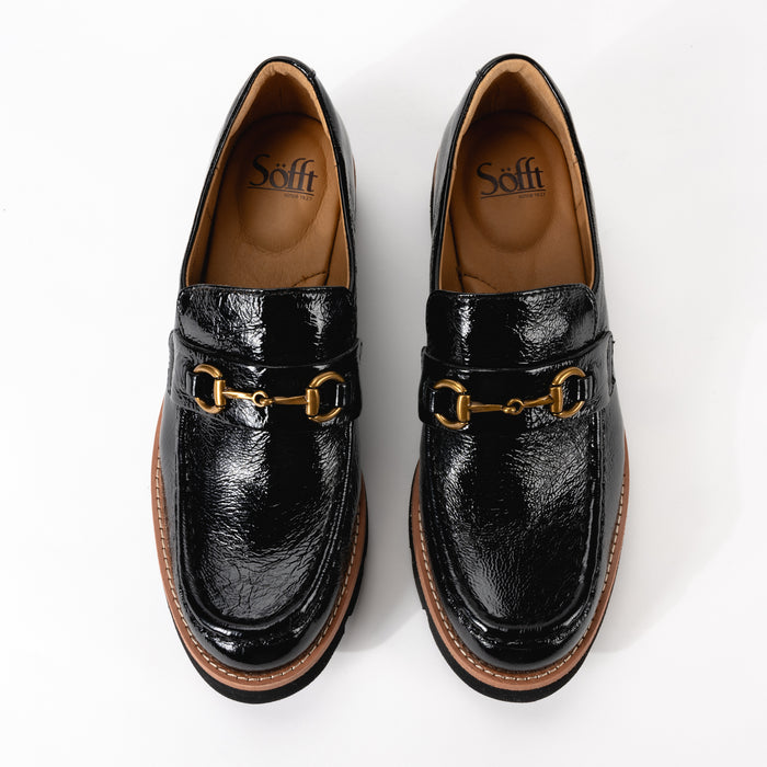 Top view of Sofft Prewitt loafer in black patent leather, showcasing the classic horsebit detail and cushioned, leather-lined footbed with arch support.