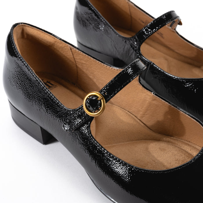 Close-up of adjustable buckle detail on Sofft Elsey mary jane flat, featuring luxurious Italian leather and cushioned support.