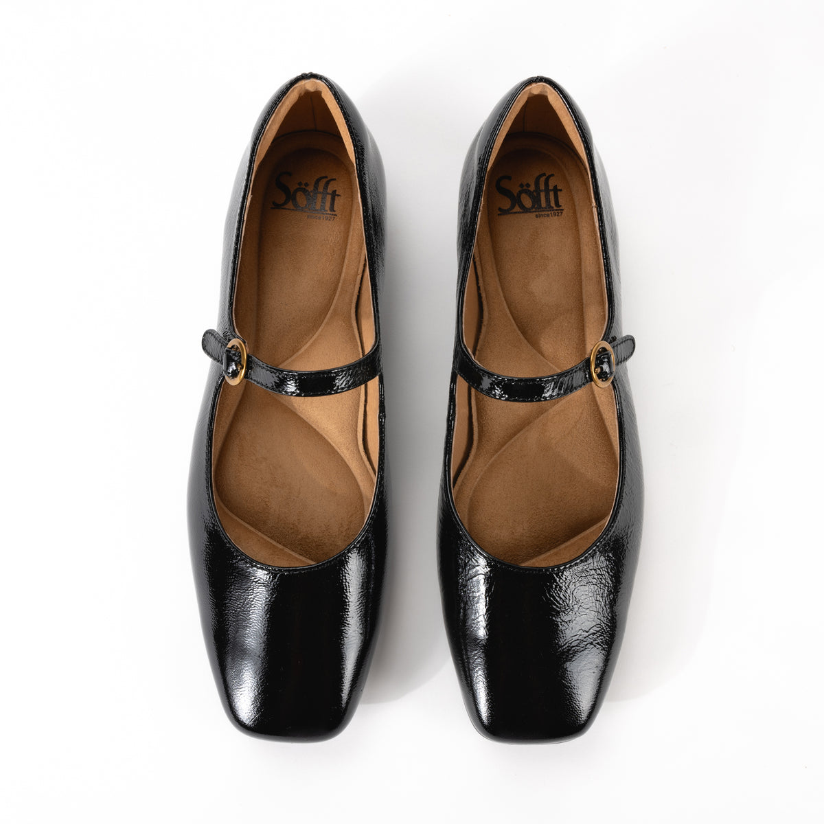 Top view of Sofft Elsey mary jane flat, highlighting the chic square toe design and cushioned, microfiber-lined footbed.