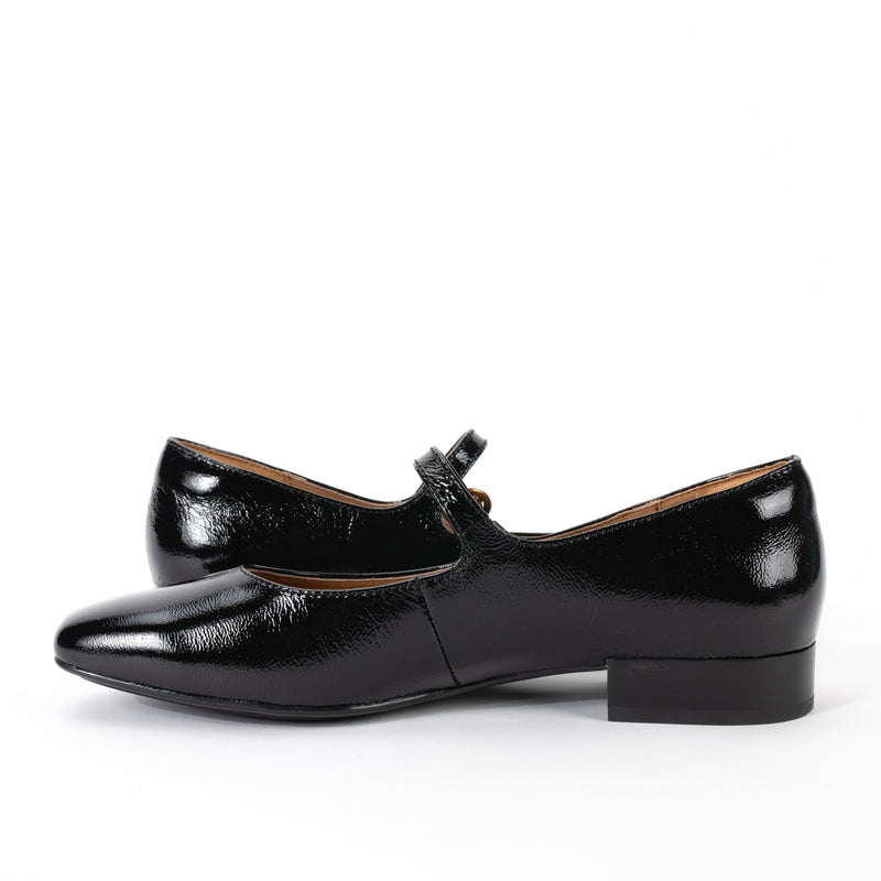 Instep view of Sofft Elsey mary jane flat, showcasing the padded heel collar and supportive cushioned footbed for added comfort.