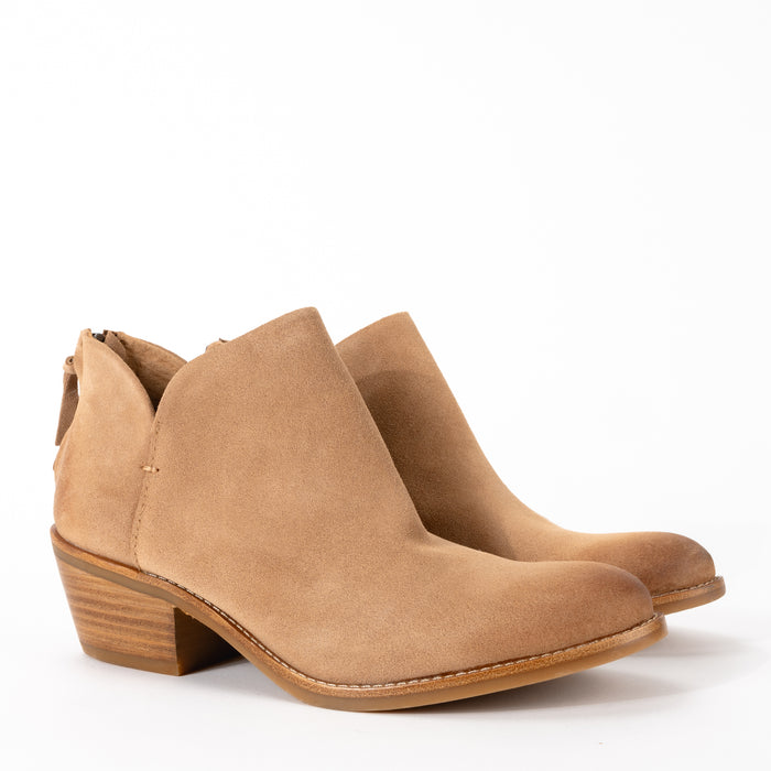 Side view of Sofft Angelica waterproof suede bootie in desert tan, featuring a sleek design and durable TPR outsole for wet-weather style.