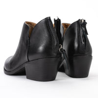 Heel view of Sofft Angelica bootie in waterproof black leather, showcasing the functional heel zipper for a perfect fit.