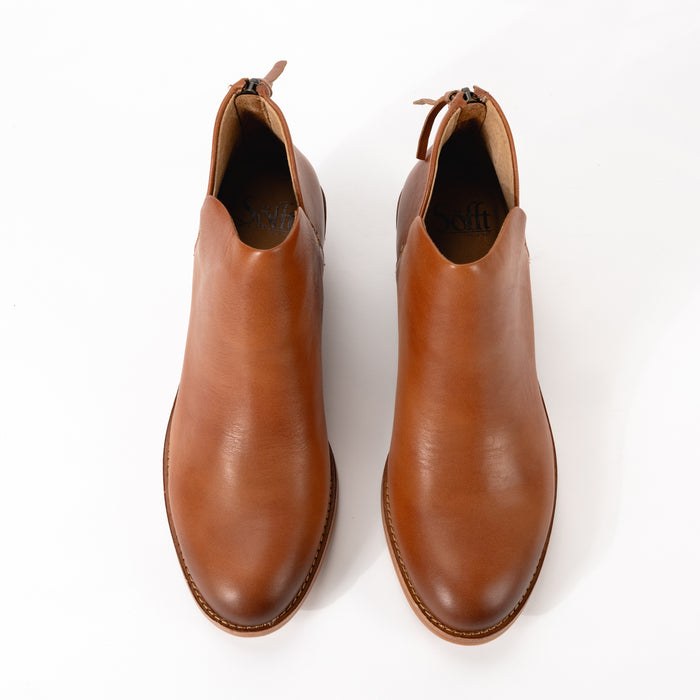 Top view of Sofft Angelica bootie in luggage brown, showcasing cushioned, leather-lined footbed with arch support for comfort in all weather.