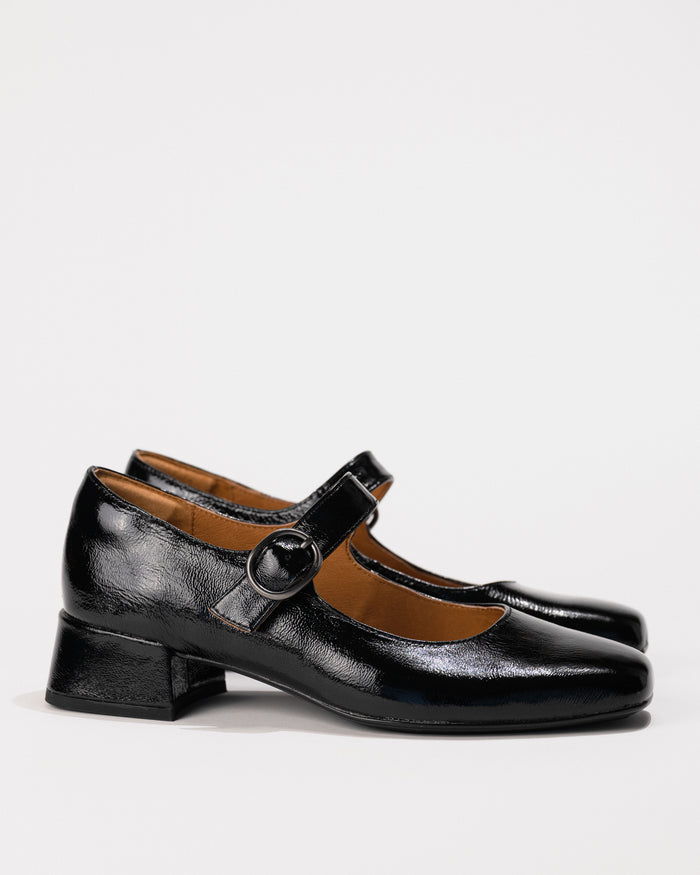 Side view of the Sofft Laura Mary Jane in black crinkle patent leather showing square toe and low heel.