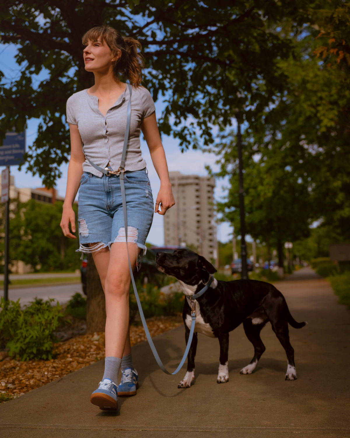 Woman walking a dog on a leash in a park-like setting with trees and buildings in the background.
The Sofft Remmi in Blue is a fresh take on the classic retro runner, blending a vintage athletic silhouette with sophisticated, modern materials. Crafted from premium Italian suede with tonal nylon or fabric accents, this low-top sneaker features sporty contrast side stripes that give it an instant style refresh. It’s designed specifically for a lightweight feel, making it a go-to choice for transitioning your 