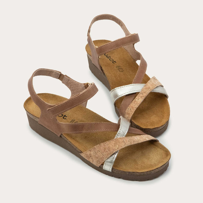 Women's Naot Sophia Sandal in Latte Brown Leather/Cork/Radiant Gold