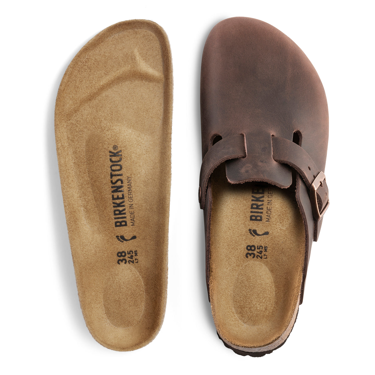 Deconstructed view of the contoured anatomically-correct cork-latex original Birkenstock footbed on the Birkenstock Boston Clog in Habana Oiled Leather. A Unisex slip-on clog with an adjustable strap for the perfect fit.