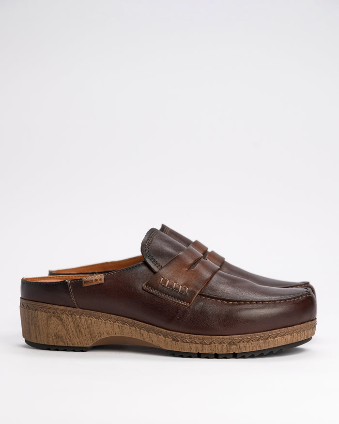 Women's Pikolinos Granada Penny Loafer Leather Clogs – Artisanal Memory Foam Slip-On Clogs in Caoba