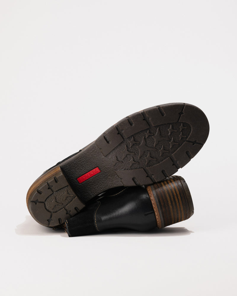 Bottom view of the durable synthetic sole with tread pattern for traction.