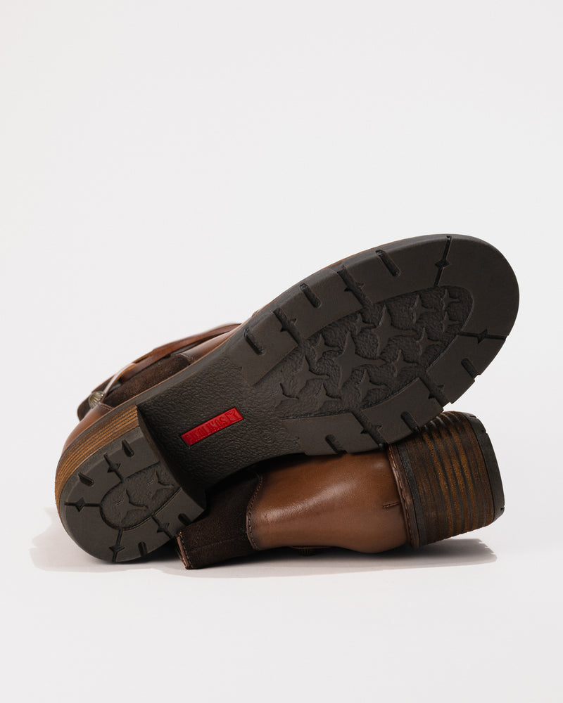 Bottom view of the durable synthetic sole with tread pattern for traction.