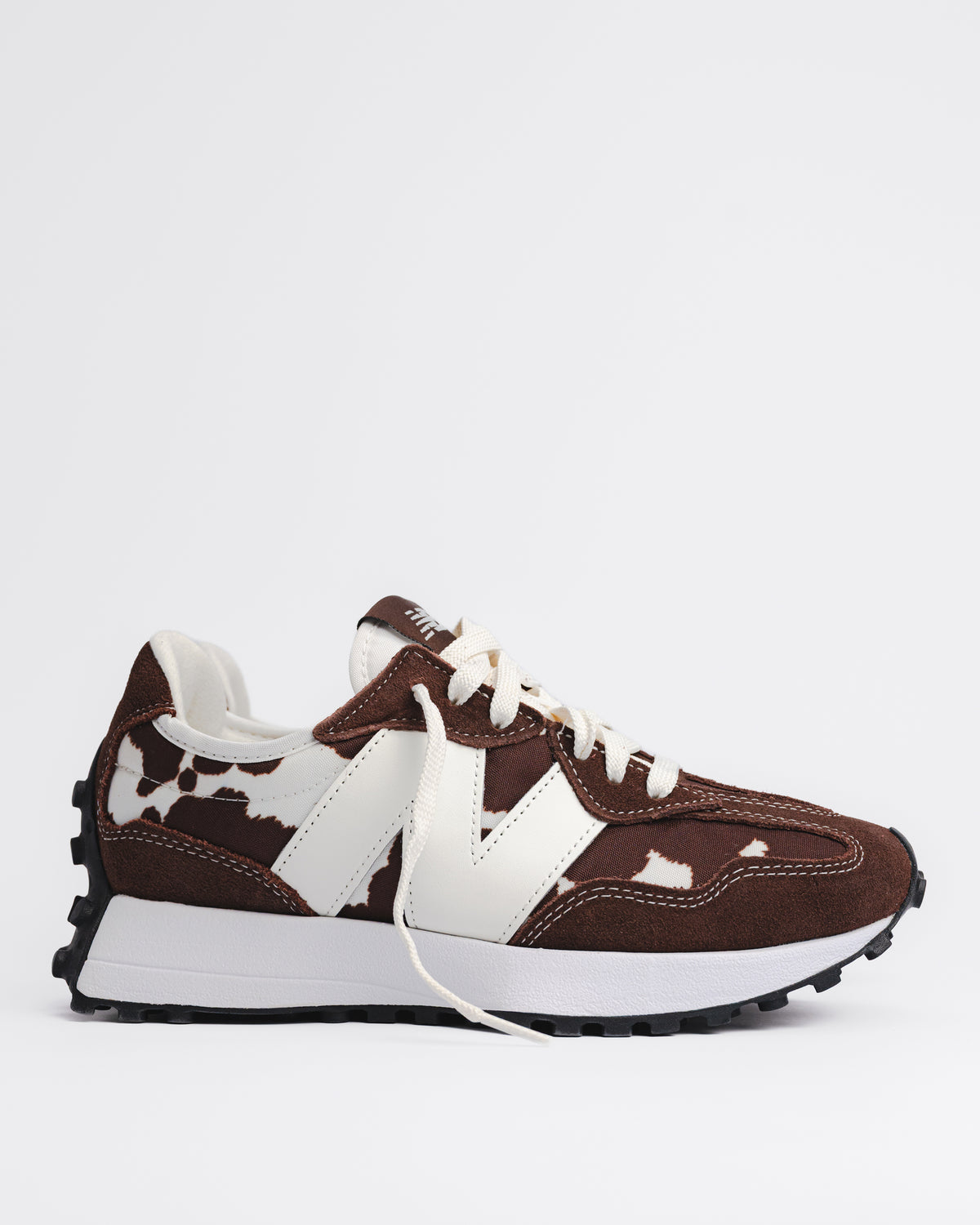 Iconic New Balance 327 V1 Sneaker in Pumpernickel (Cow print) with Sea Salt