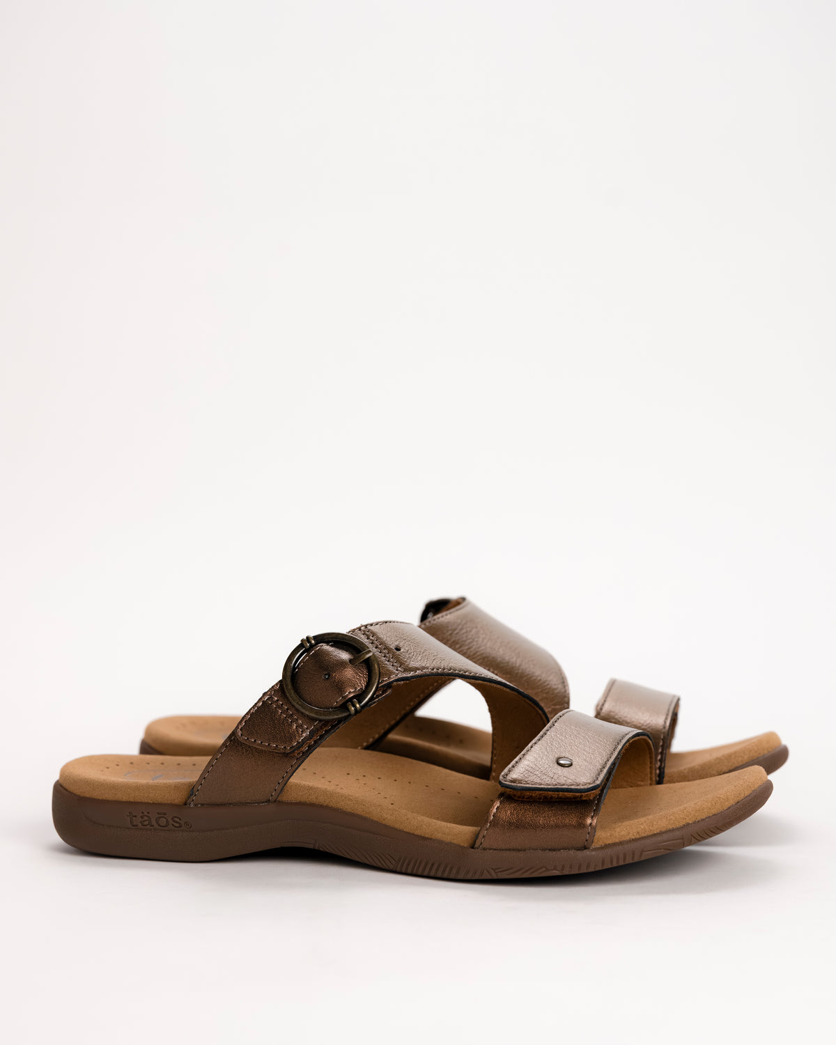 Women’s Taos Westside Bronze leather slide sandal with adjustable straps side view