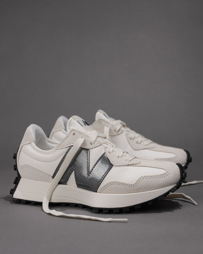 Iconic New Balance 327 V1 Sneaker in Sea Salt / Castlerock (Metallic)