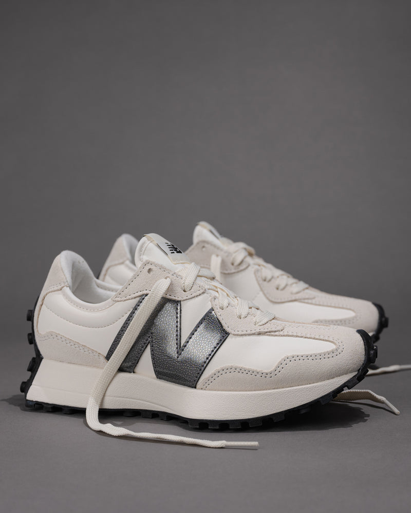 Iconic New Balance 327 V1 Sneaker in Sea Salt / Castlerock (Metallic)