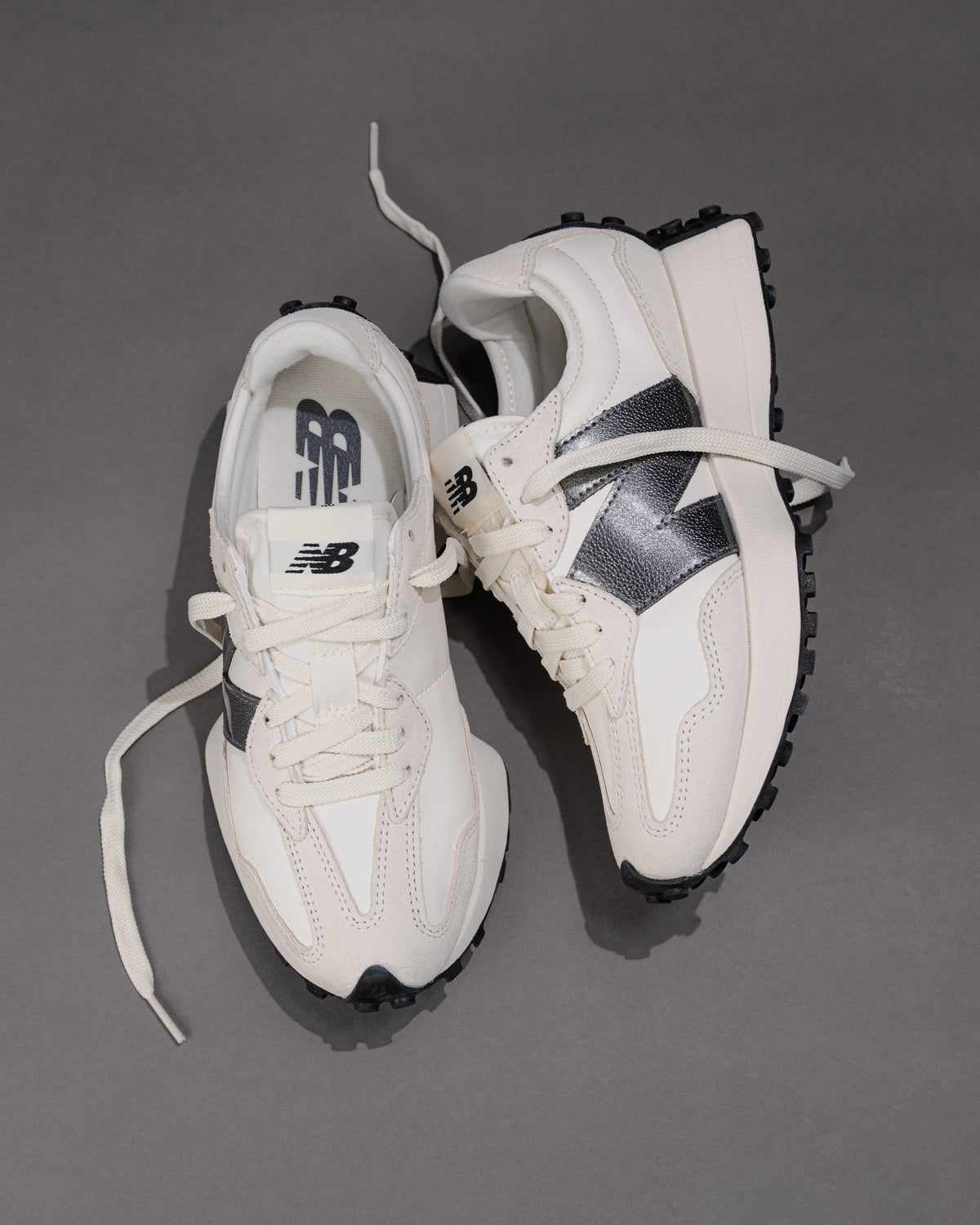 Iconic New Balance 327 V1 Sneaker in Sea Salt / Castlerock (Metallic)