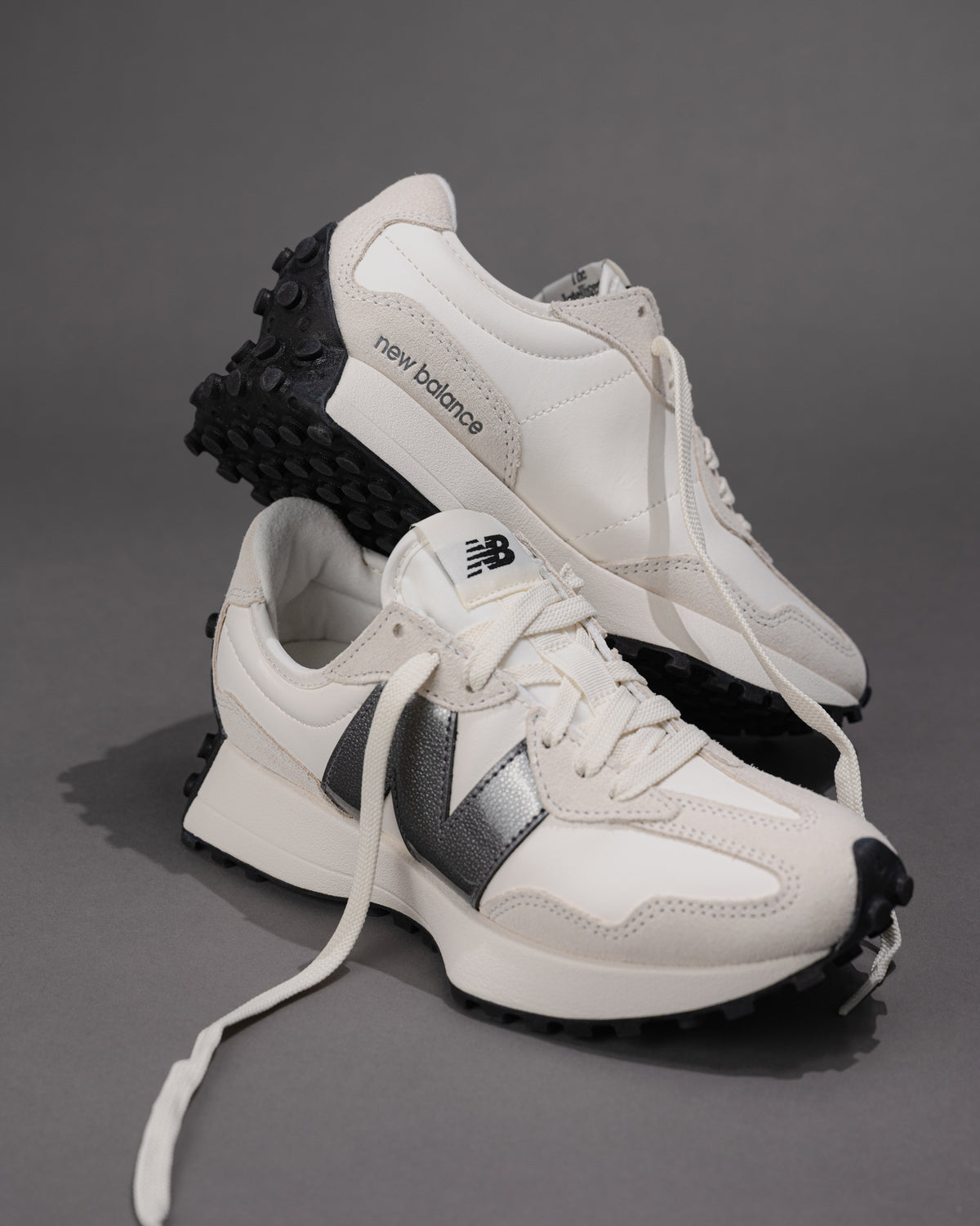 Iconic New Balance 327 V1 Sneaker in Sea Salt / Castlerock (Metallic)