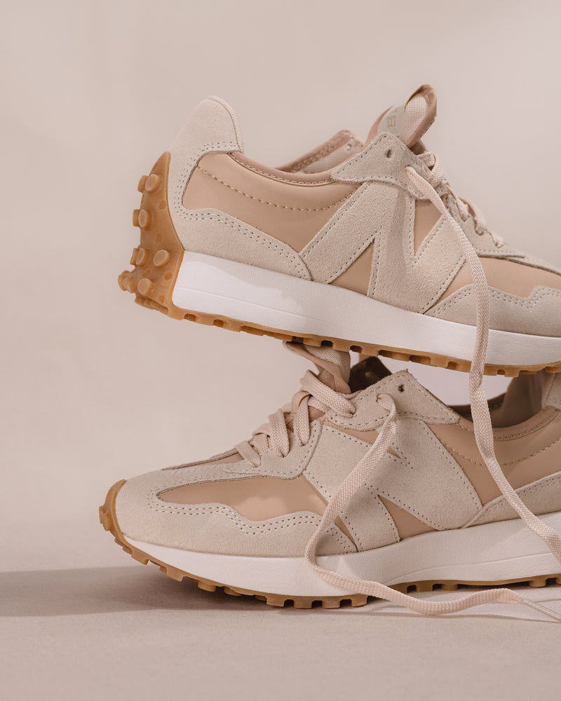 Iconic New Balance 327 V1 sneaker in Dark Tan/Cream Suede