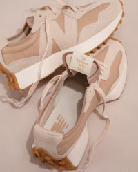 Iconic New Balance 327 V1 sneaker in Dark Tan/Cream Suede