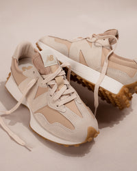 Iconic New Balance 327 V1 sneaker in Dark Tan/Cream Suede