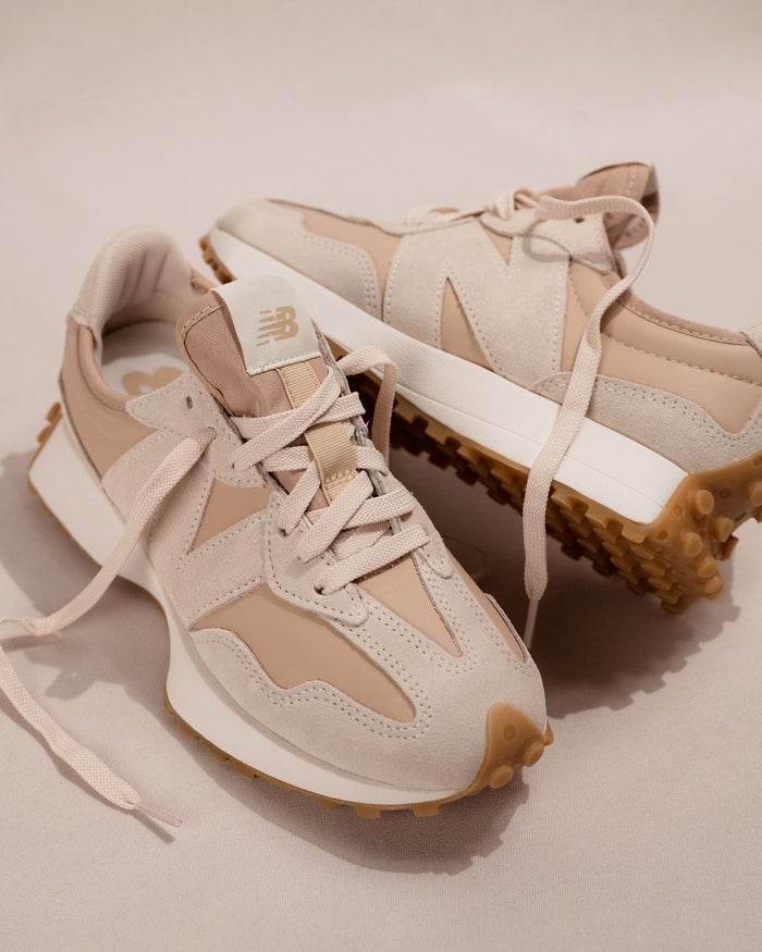 Iconic New Balance 327 V1 sneaker in Dark Tan/Cream Suede