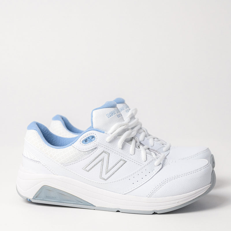 Women's New Balance 928 V3 Walking Shoe in white leather, showcasing the sturdy motion-control design and sleek leather upper.