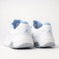 Close-up of the heel on the New Balance 928 V3 Walking Shoe in white leather, emphasizing the supportive ROLLBAR stability post system for added balance.