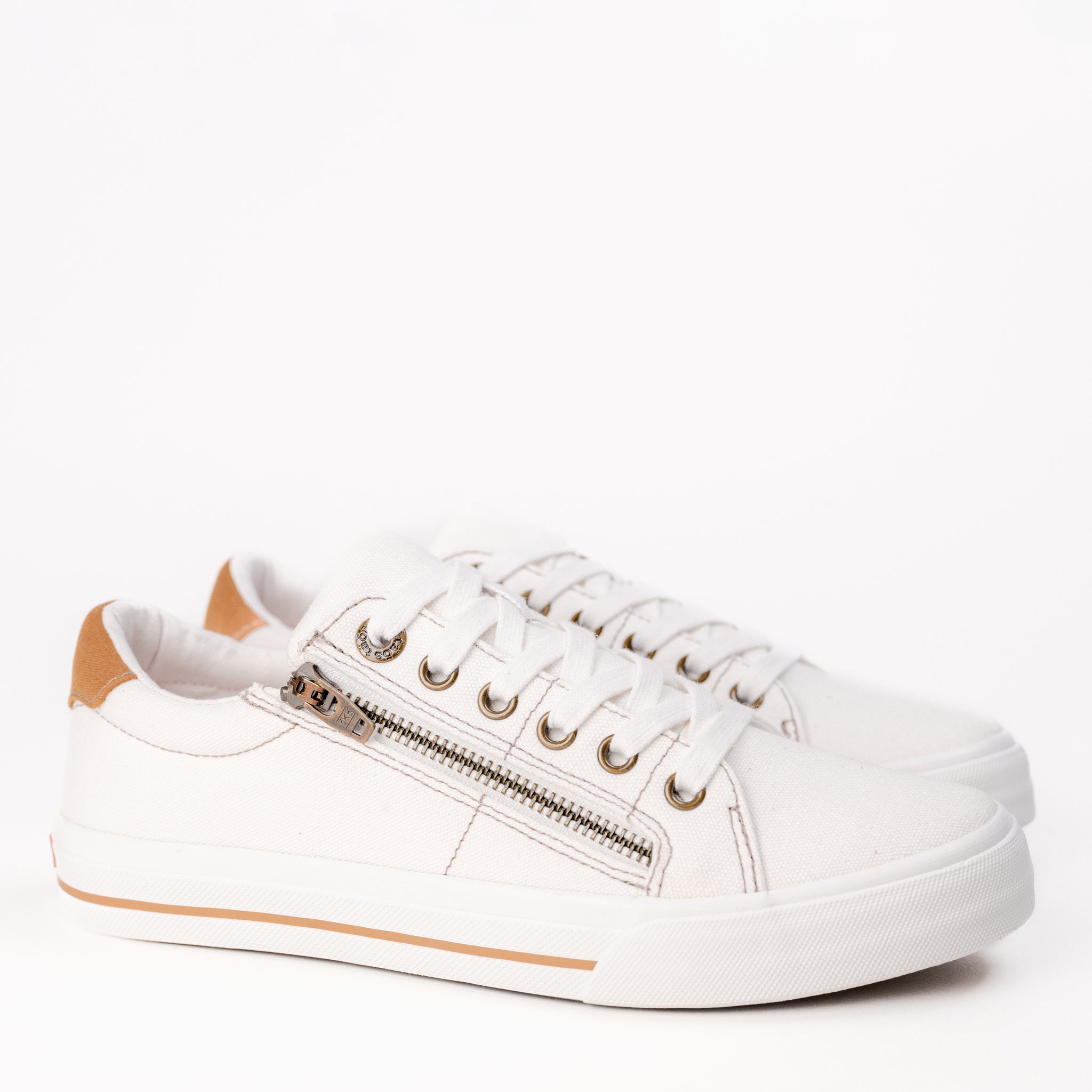 ヌーヴェル ジュネス コール リーシュ Women's Taos Z-Soul Zipper Sneaker in White/Golden Canvas – Plaza