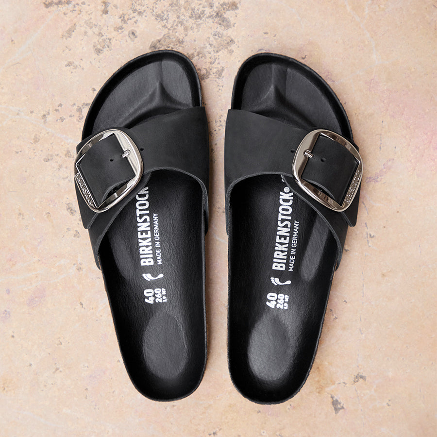 Birkenstock Madrid Big Buckle Slide in Black OIled Leather – Plaza